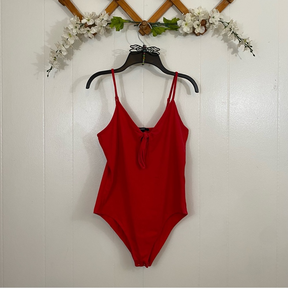 Forever 21 sz:L Red Bodysuit Tank Sleeves Tie Front Detail Button Clasp